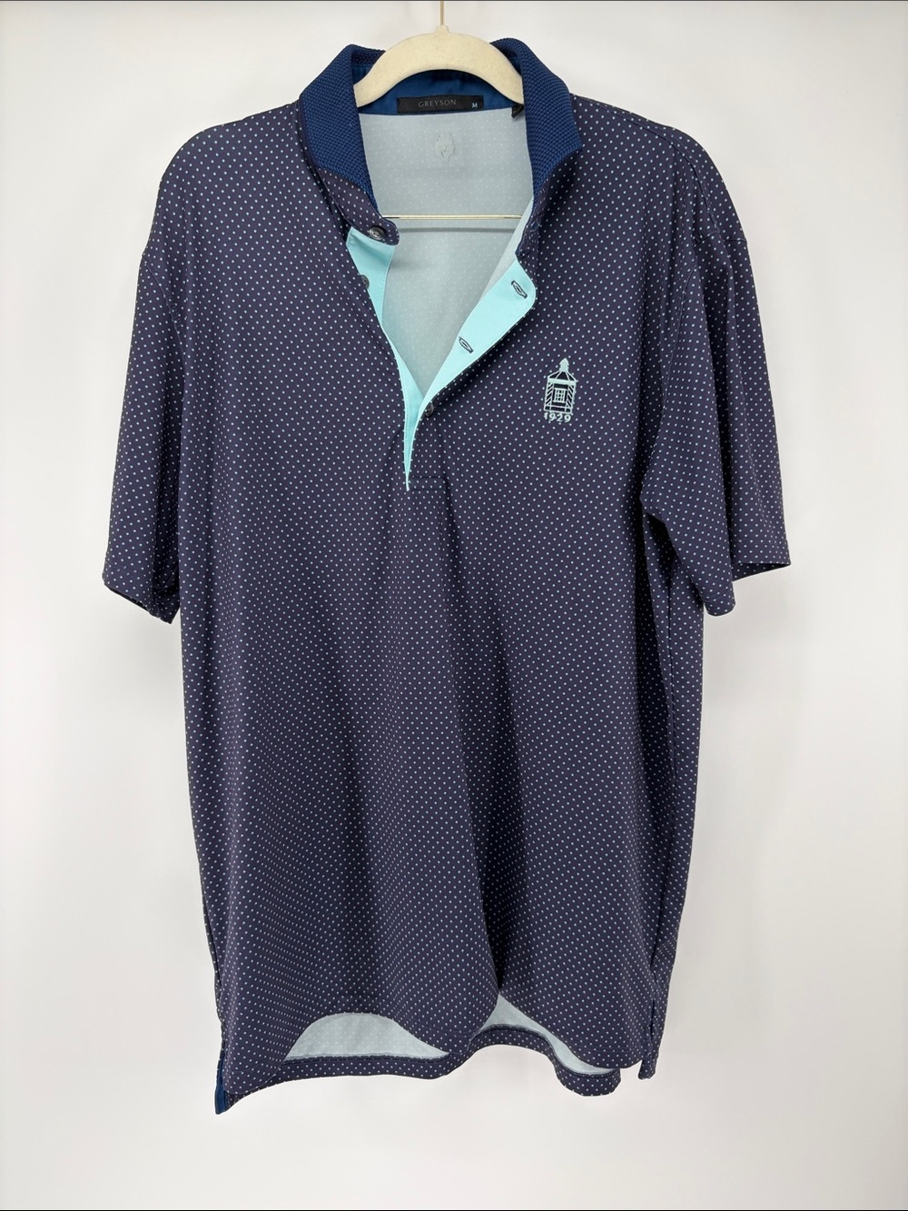 Men's Greyson Navy Microdot Performance Golf Polo Shirt w/ Light Blue Accents M